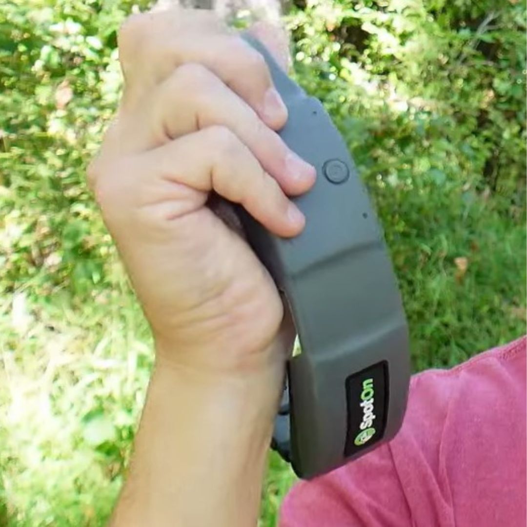 a human holding spoton collar