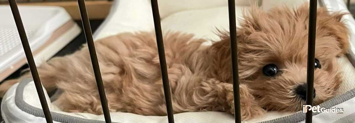 Maltipoo lying inside the cage