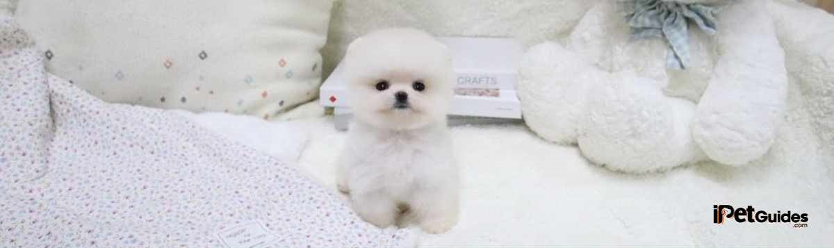 Teacup Pomeranian sitting on the bed