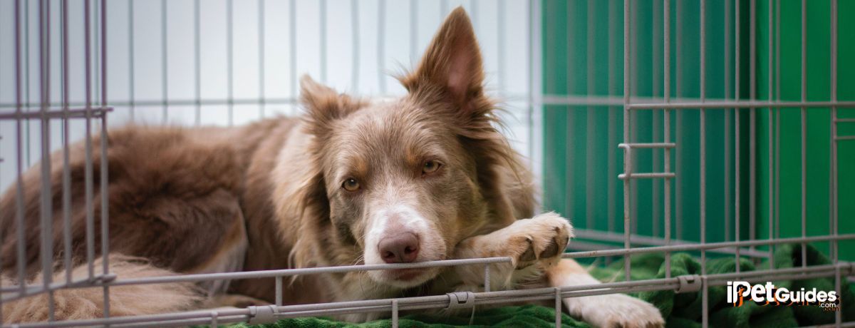 a brown dog laying in a metal cage