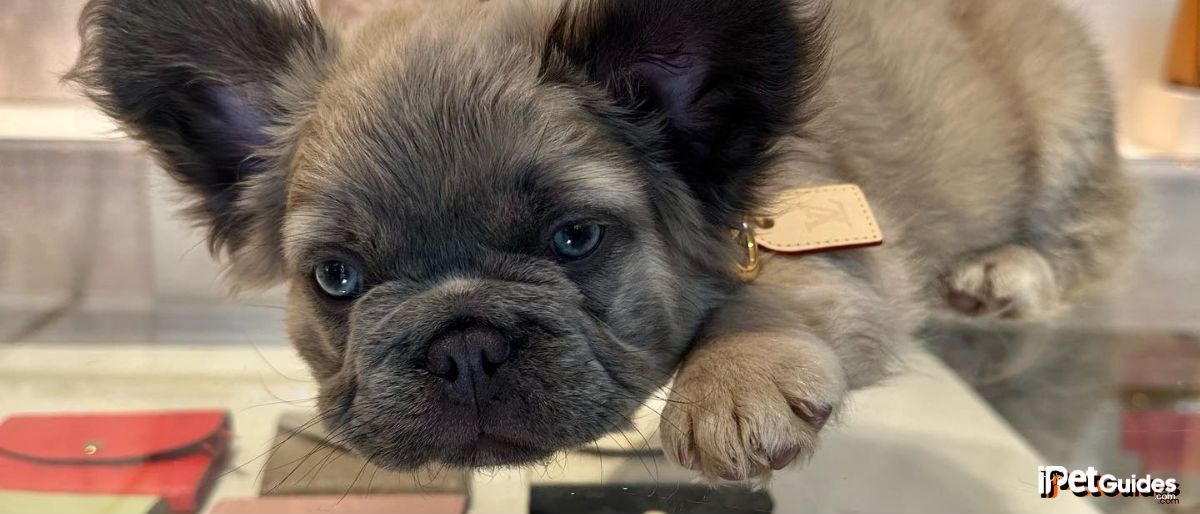 A fluffy Frenchie laying on a glass table