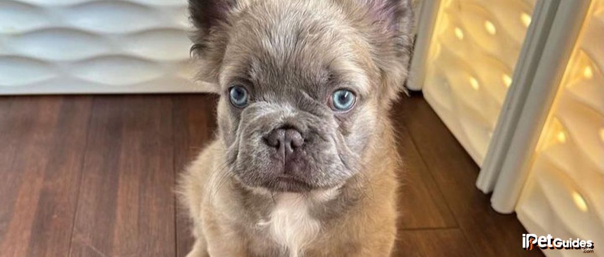 A fluffy Frenchie seated on the floor and looking at the camera
