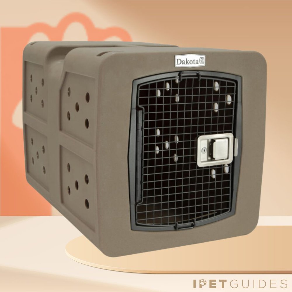 A tan dog crate with holes in it.