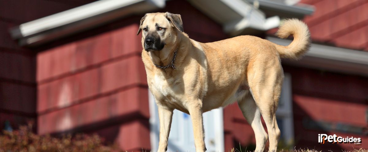 a Turkish Kangal standing in the frontyard of a house