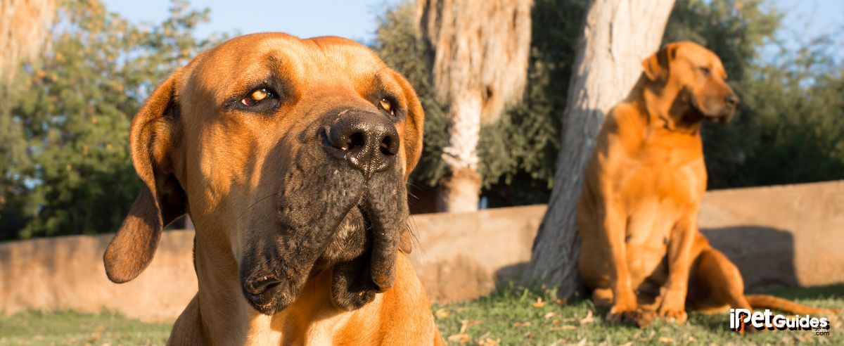 two boerboels dogs seated relaxing in the frontyard