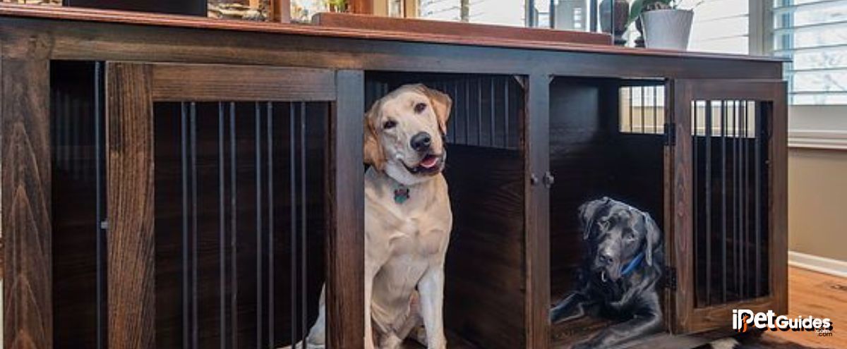 two dogs seated inside a wooden crate that has a divider