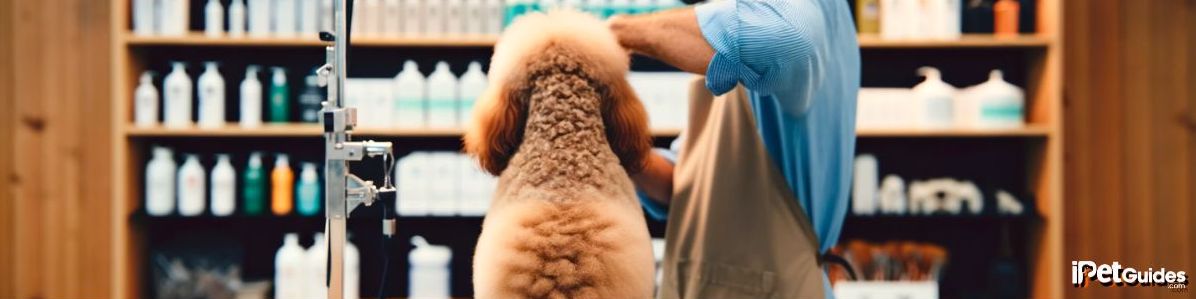 A groomer is grooming a brown color dog