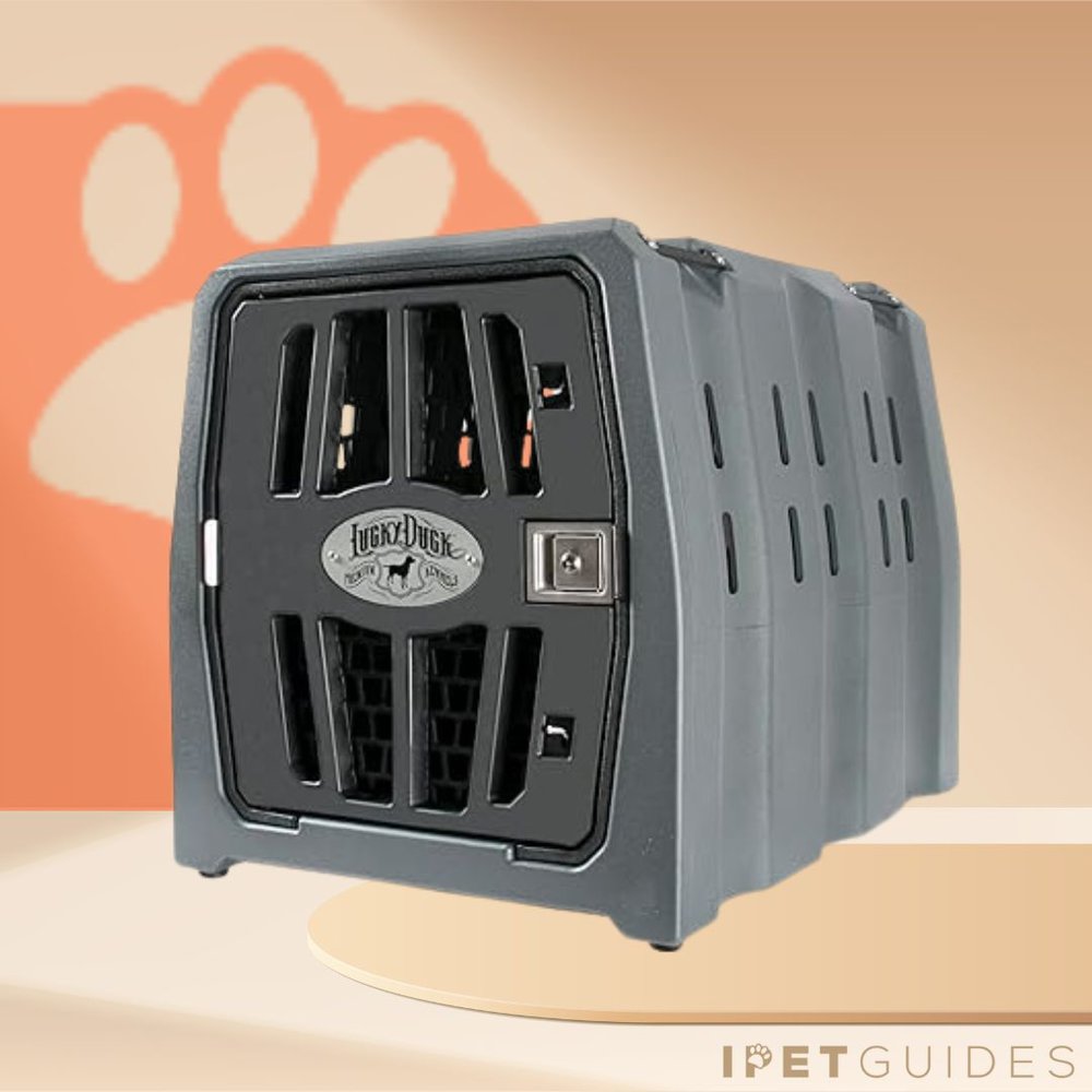 A grey dog crate with paw prints on it.