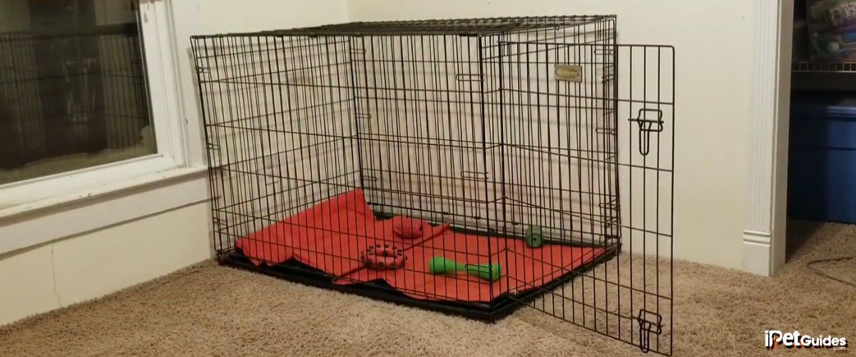A cleaned dog crate in a room with a red blanket