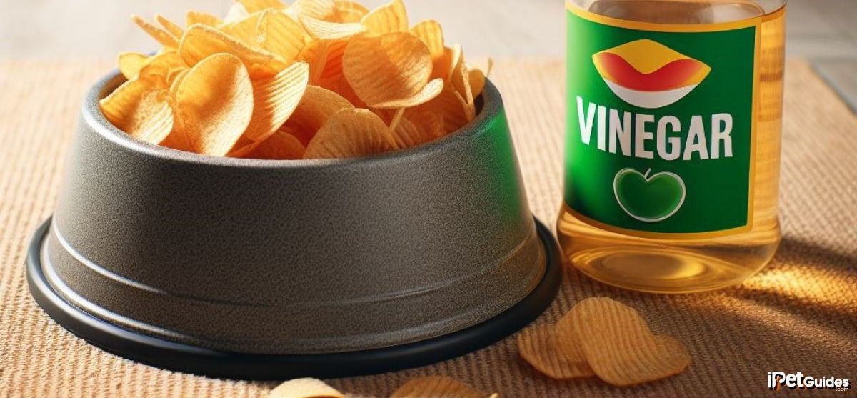 A bowl of  vinegar chips next to a bottle of vinegar