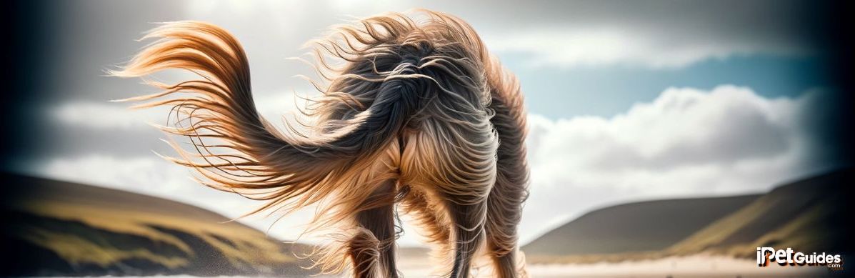 A dog with long hair running on a beach shore
