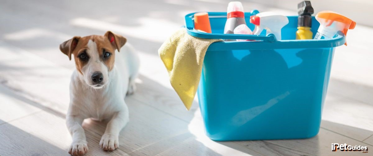 A dog sits next to a blue bucket with cleaning supplies