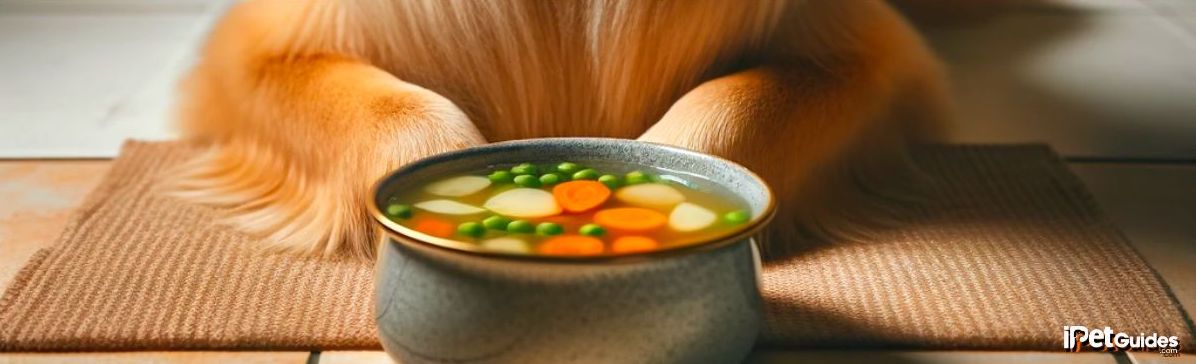 a dog sitting infront of a food bowl filled with vegetable broth