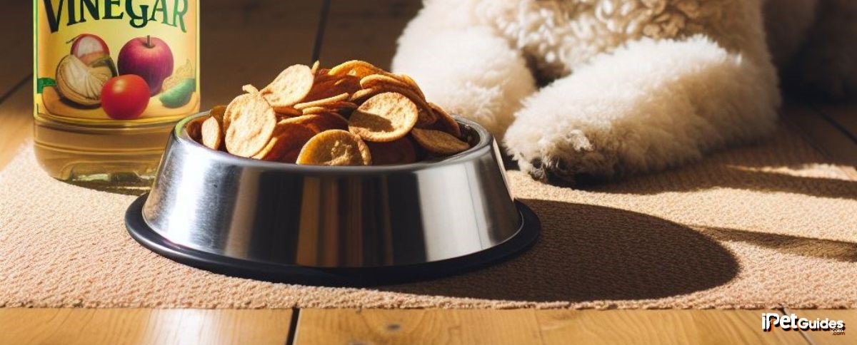 A dog is sitting next to a bowl of vinegar chips