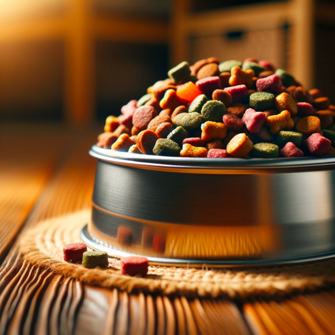 A bowl of dog food on a wooden table