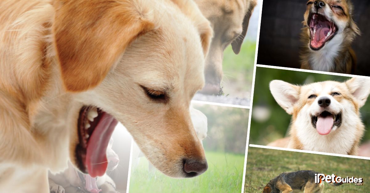 A collage of pictures of dogs with their mouths open.