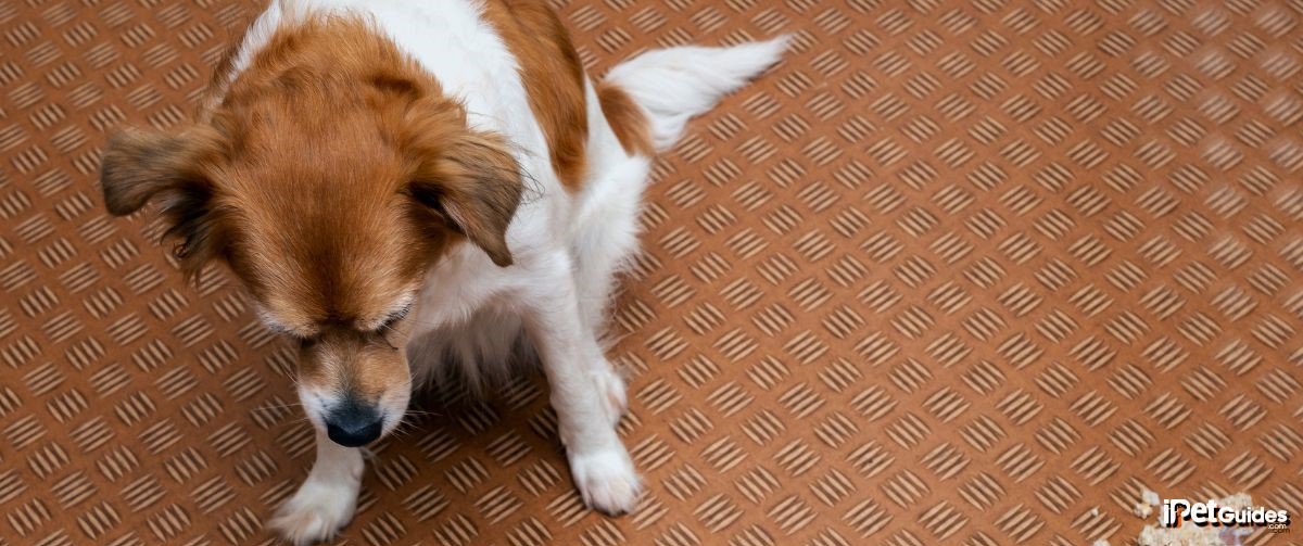 A brown and white dog seated next to the vomit 