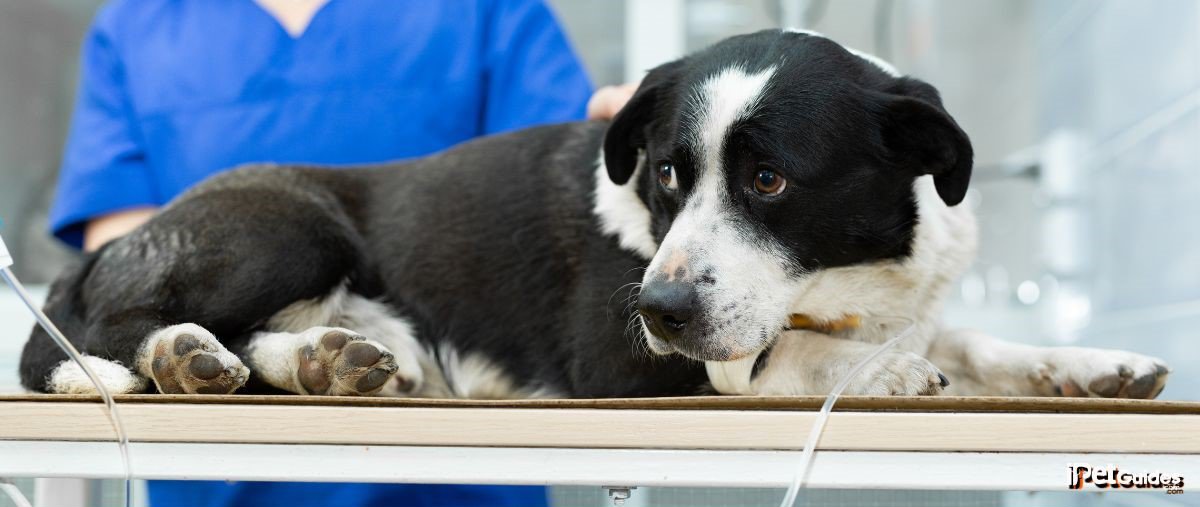 A black and white dog laying on a table in the vet clinic