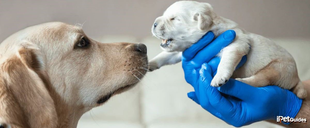 A dog is caring its newborn puppy