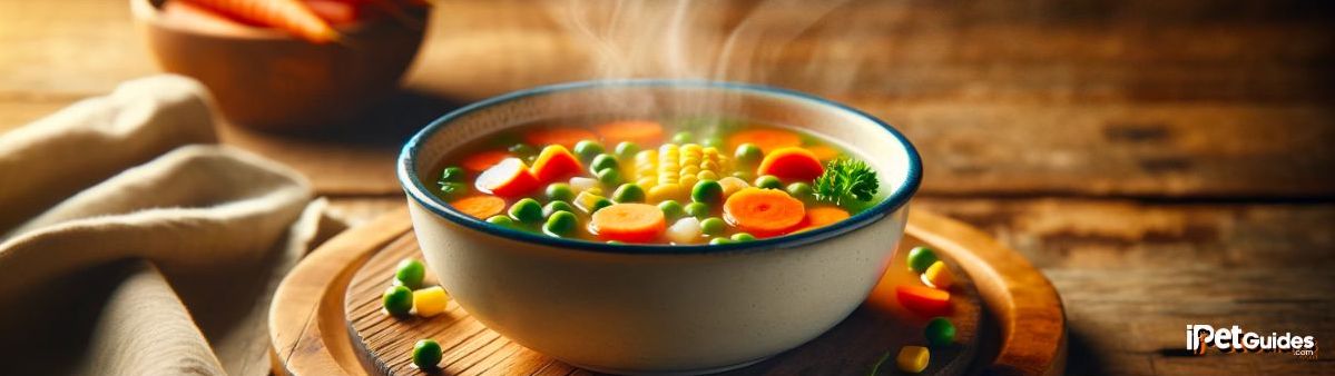 food bowl filled with vegetable broth kept on a table