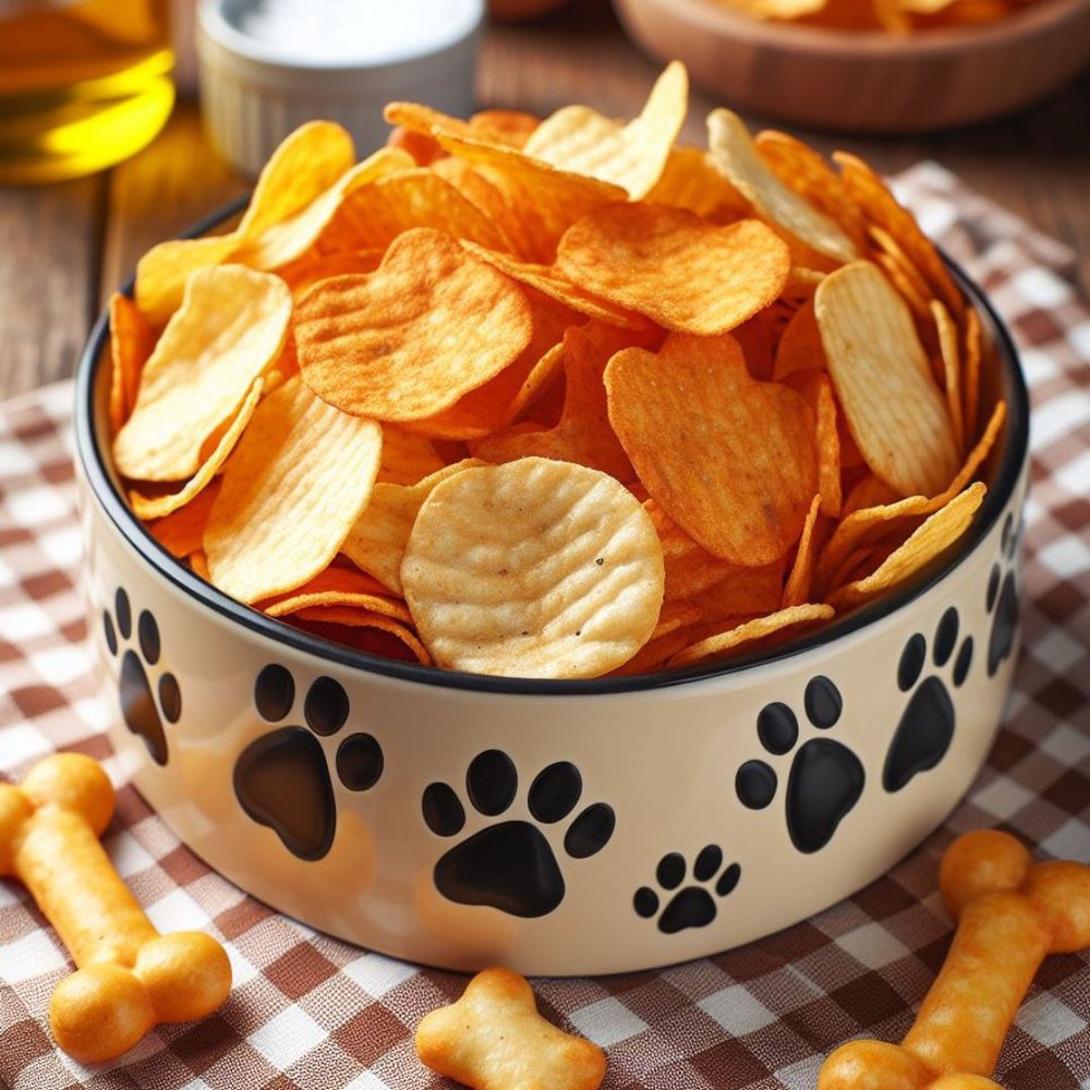 A bowl of vinergar chips with dog paw prints on the bowl