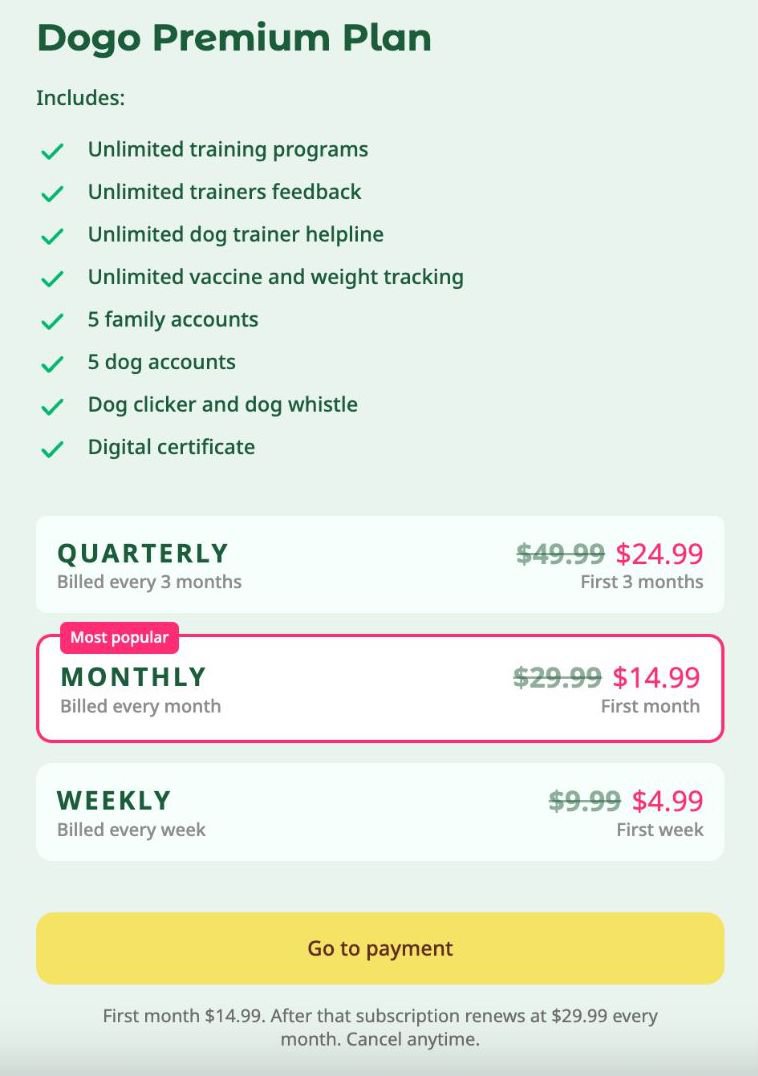 Dogo App Pricing Plan screenshot