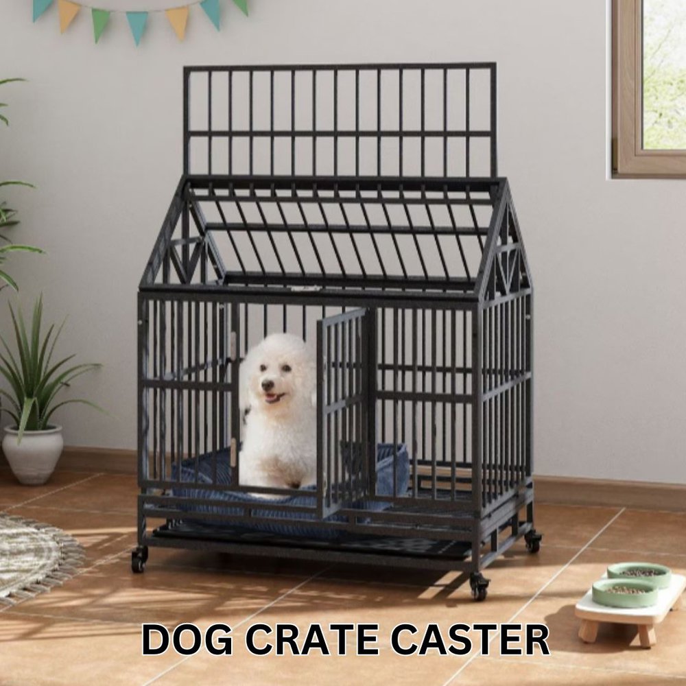 A black dog crate with a dog crate caster
