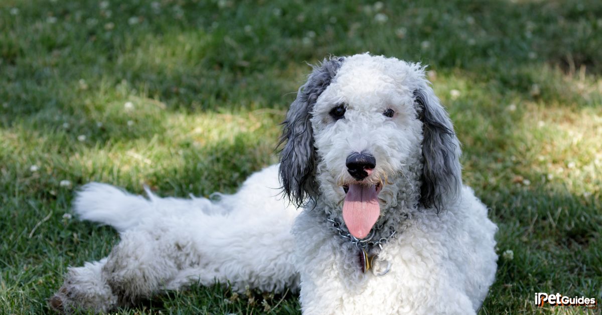 a white bernedoodle laying on the grass