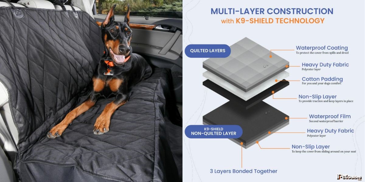 a banner depicting the multi-layered construction of a dog seat cover featuring K9 Shield Technology