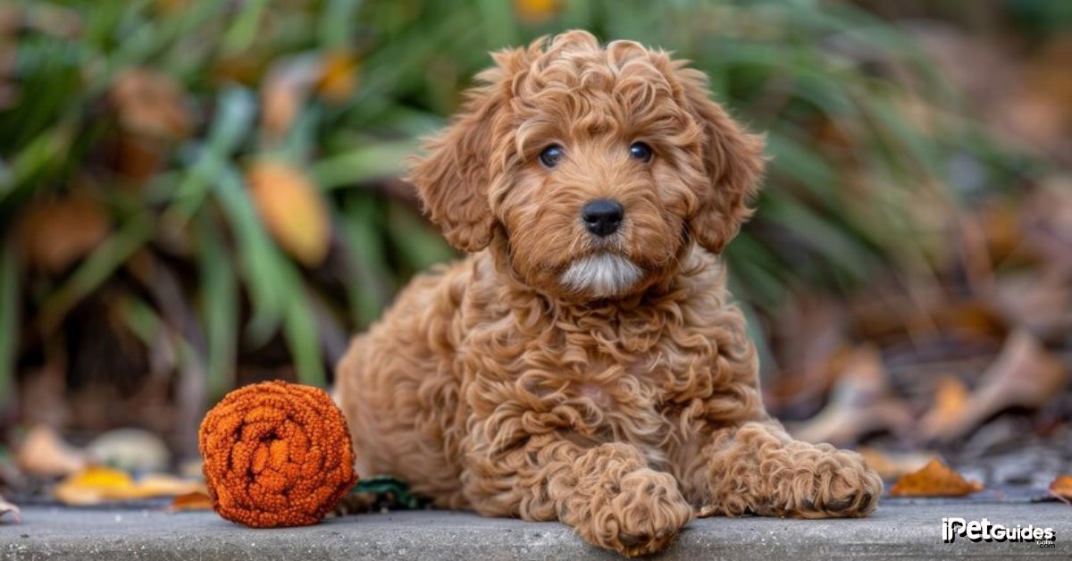A Cockapoo puppy sitting on a concrete
