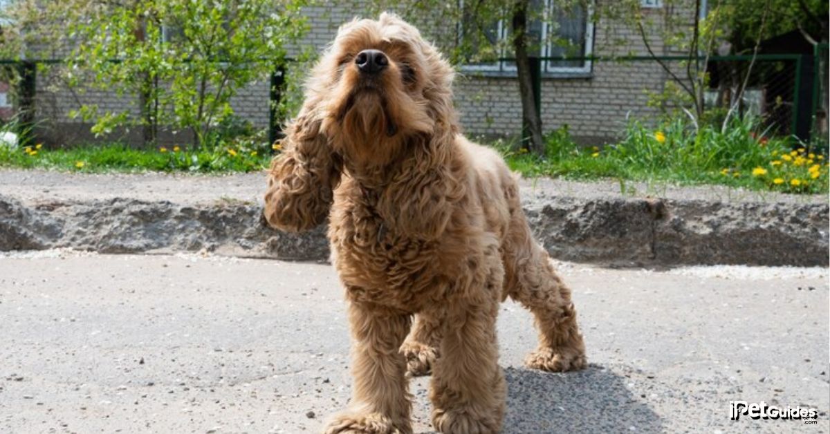 A Cockapoo puppy walking on a sunny day