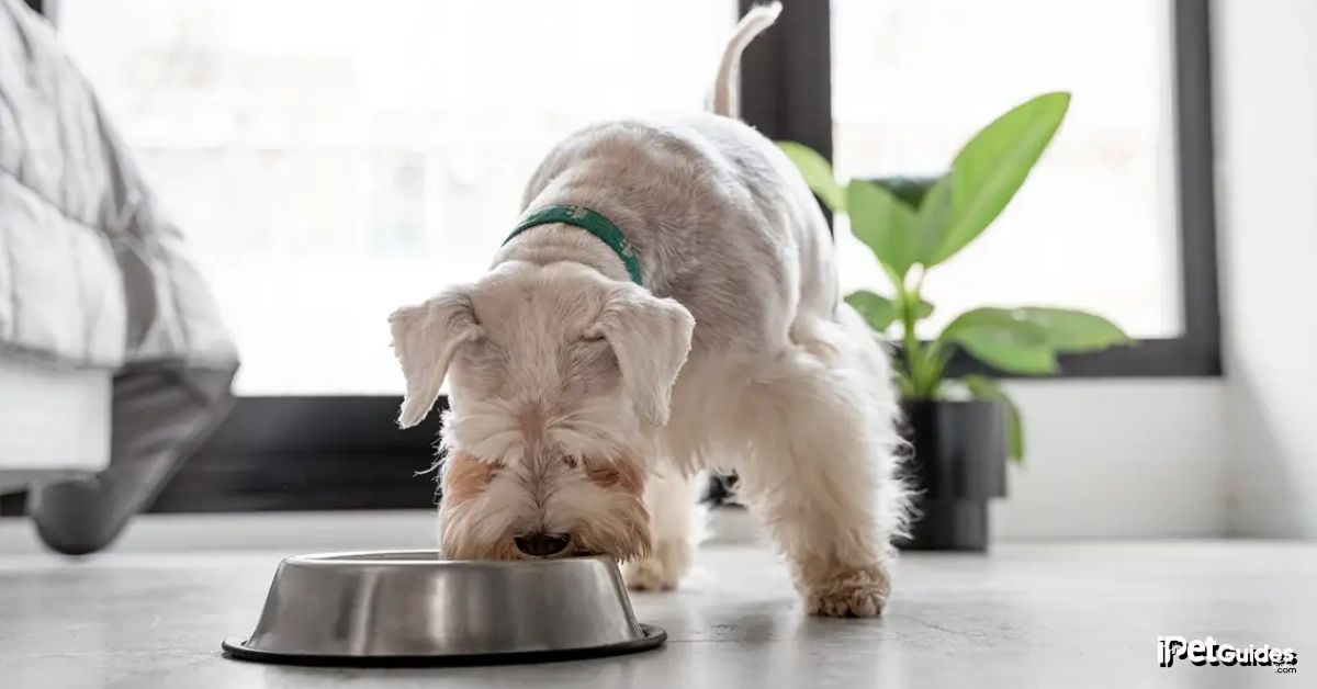 A dog consuming food from its plate