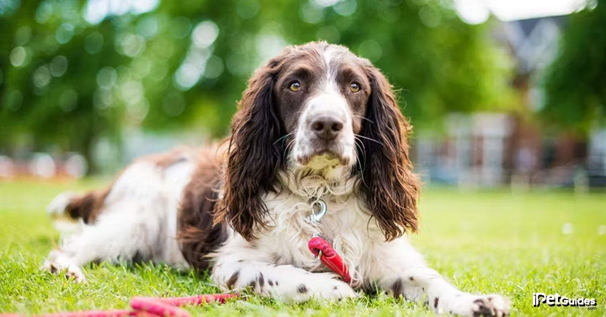 A dog lying down on the grass